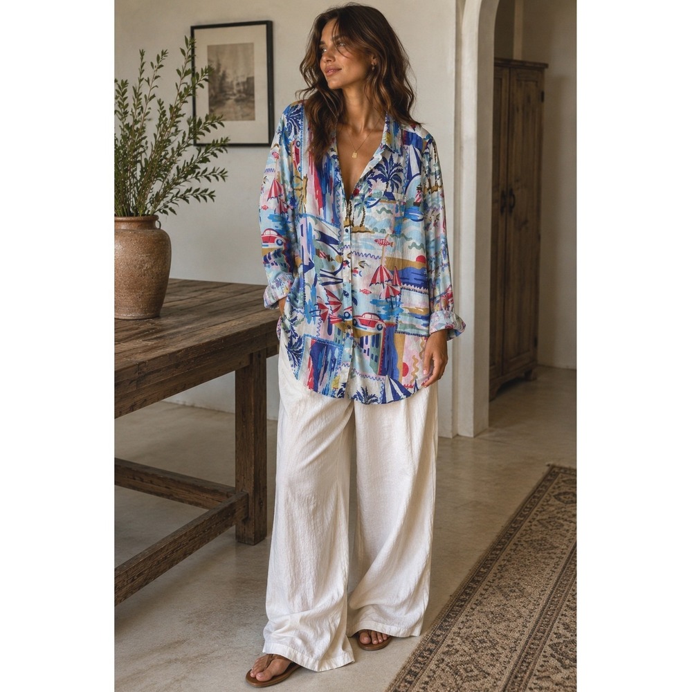 True Destinations Coastal Collage Button-Down Cotton Shirt L Tropical Eclectic